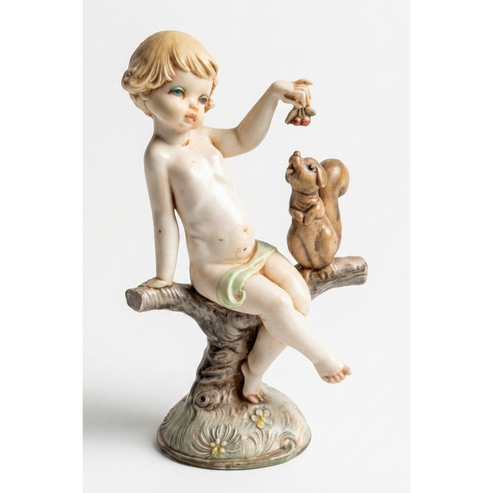 Fontanini Italy Child Cherub Feeding Squirrel Figurine 4.75" Depose Marked 713